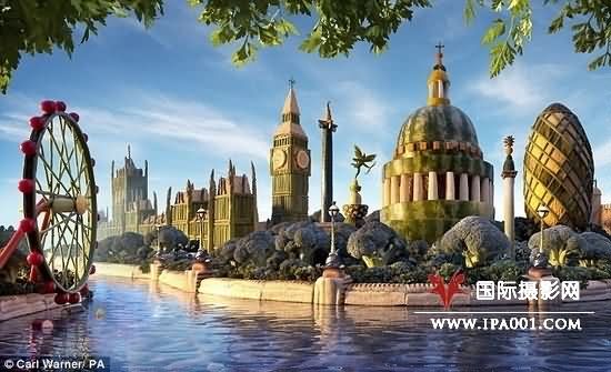 摄影师用26种水果蔬菜雕塑伦敦全景图(组图)